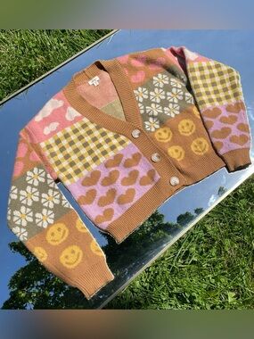 debut Multicolor Patchwork Smile Daisy Cardigan - Brown Pink Yellow Green